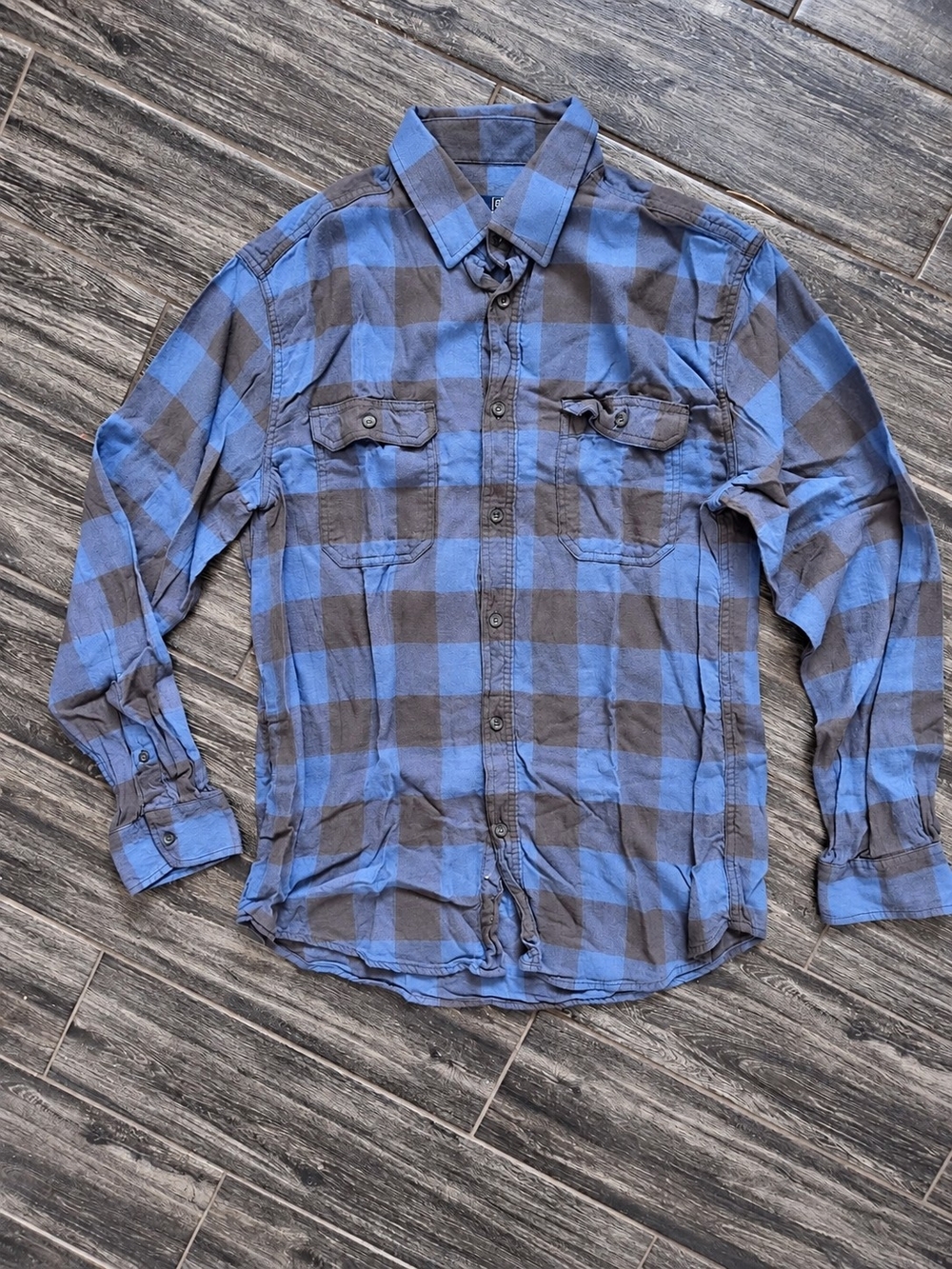 George Blue and Black Plaid Casual Button-Down Shirt